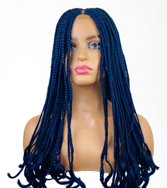 Blue Braids Cornrow Mid Part  Lace closure wig  Women synthetic wig