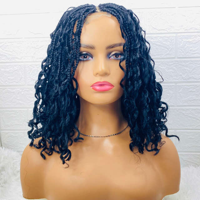 Tiwaoma Goddess Box Braided Spiral Curls Wig Short Black Braid Synthetic Wigs