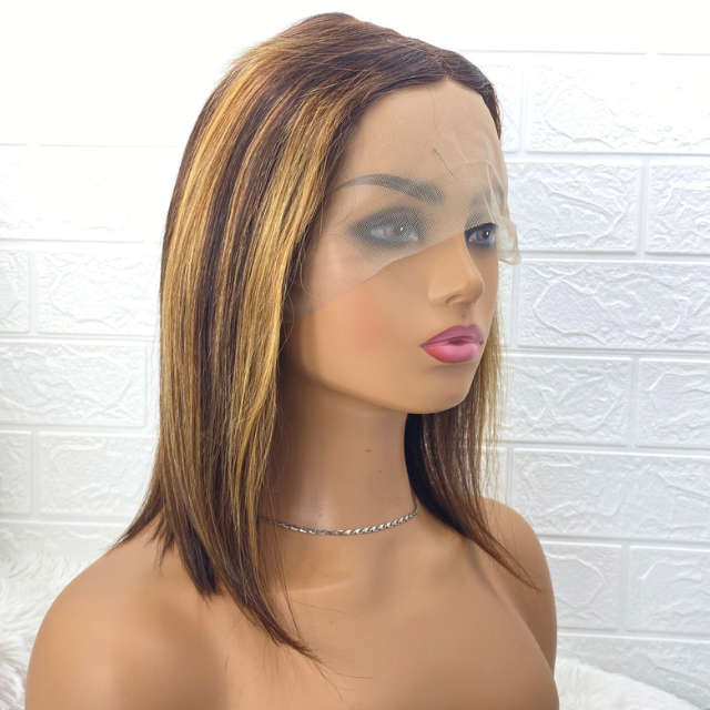 Short Highlight wig Human Hair Bob Wig, Straight Lace Closure T Part Wig