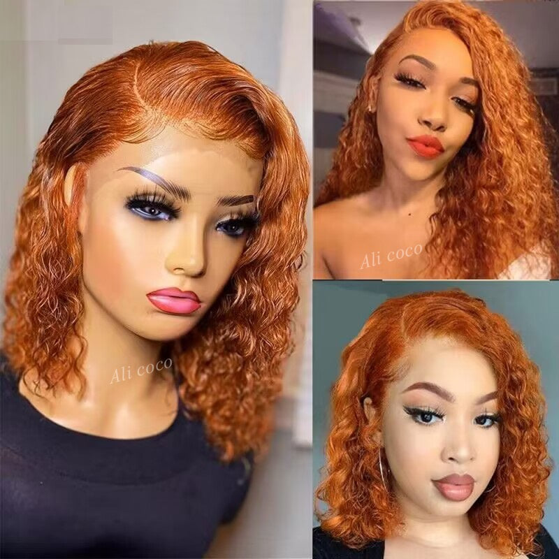 Ginger Orange Curly Front Human Hair Wigs Women Short Bob Transparent Lace 13x4