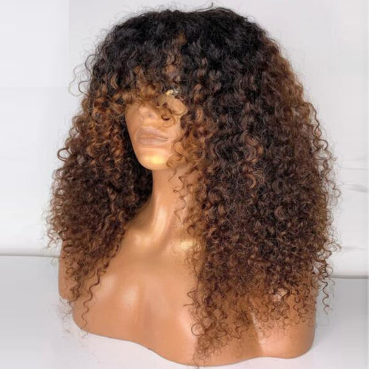 Ombre Curly Human Hair Wigs Borwn Brazilian Remy Scalp Top Full Machine Made New 180% Density