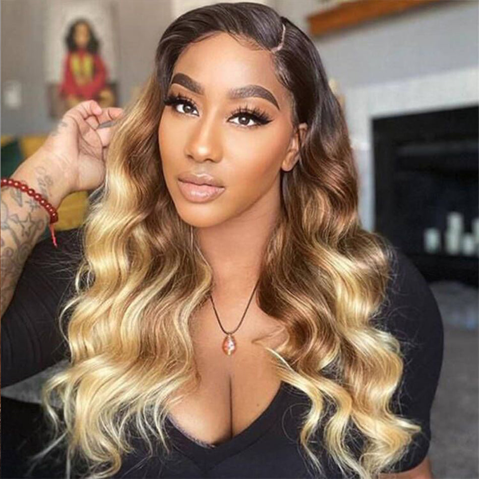 Ombre Highlight Body Wave Closure Brazilian Wavy Frontal Human Hair Wigs Remy