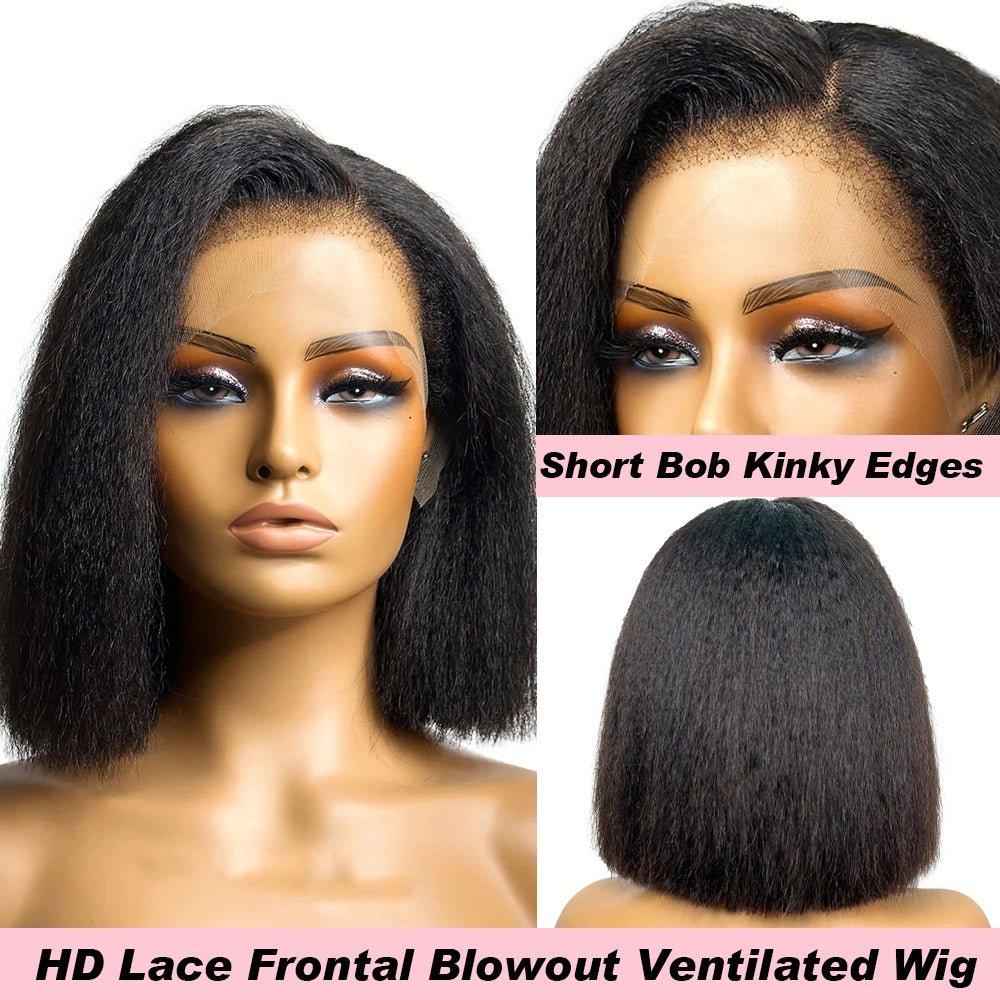 Kinky Straight Bob Wig Curly Baby Hair Trend Younger Edges 13X4 HD Lace Frontal