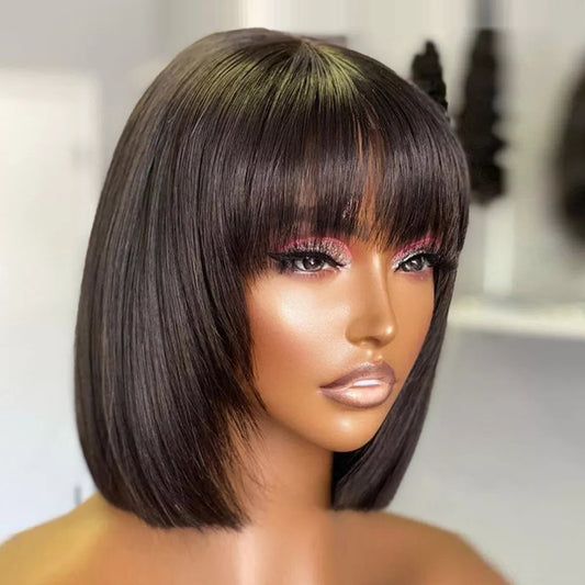 Short Bob Wig Bangs Straight Hair Brazilian Human Remy Full Machine Made Women