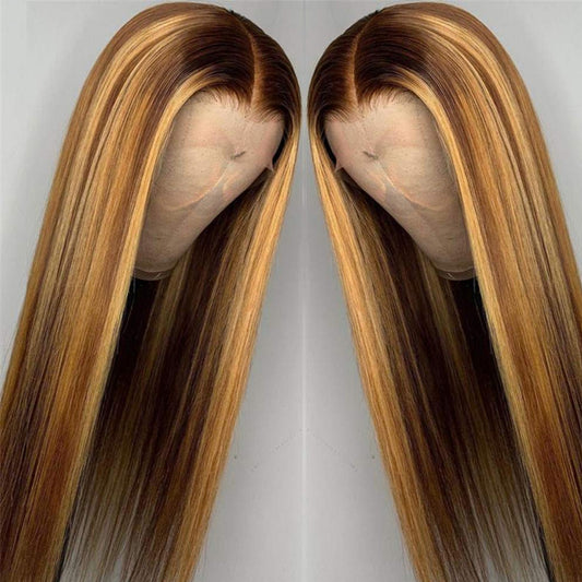 Straight Highlight Wig Part Human Hair Ombre Brown Honey Blonde Brazilian Long