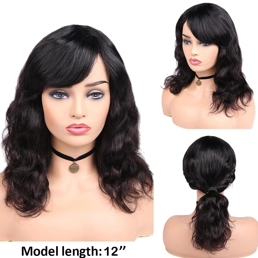 Brazilian Human Hair Wigs Body Wave Bangs Natural Black Lovely Hairstyle New