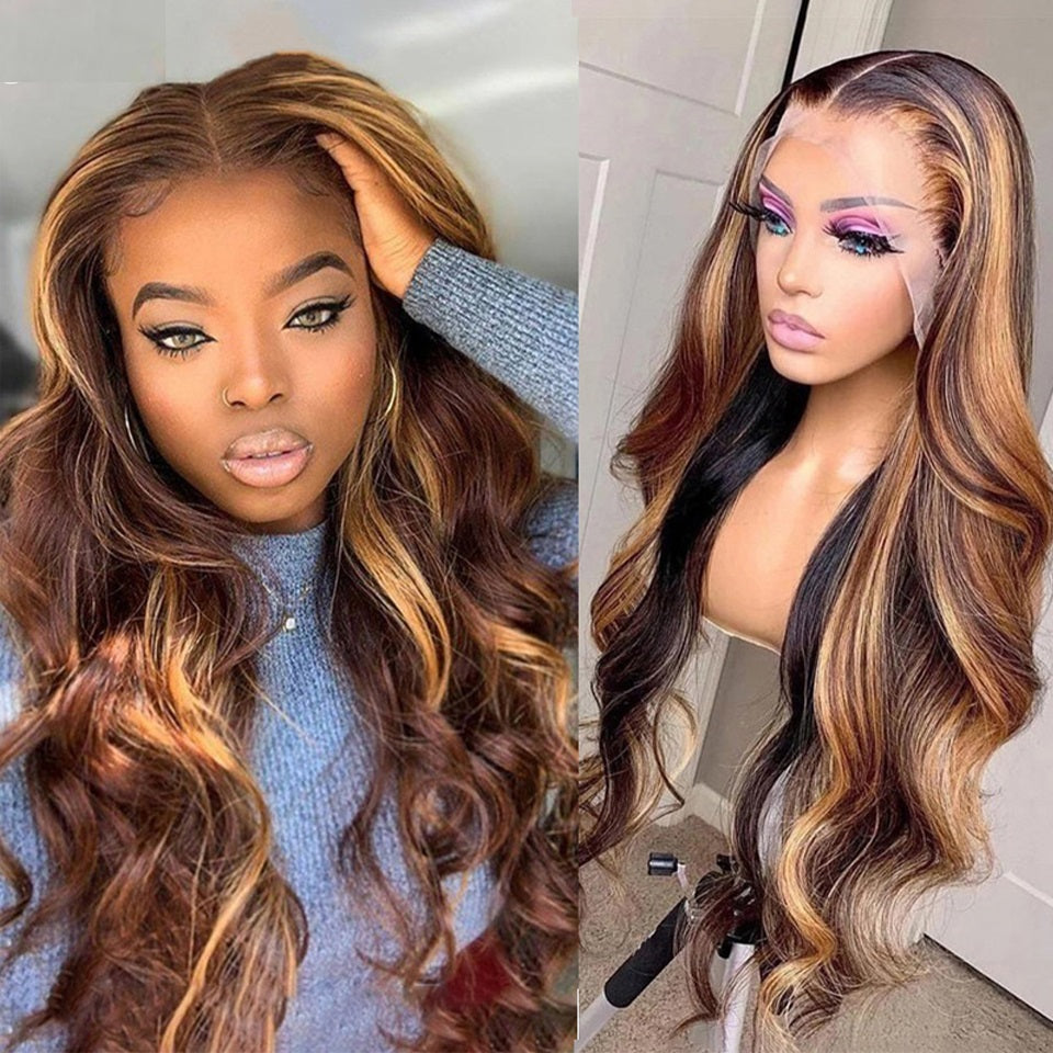 Highlight Wig Human Hair Body Wave HD Lace Frontal Brazilian Colored Honey Body