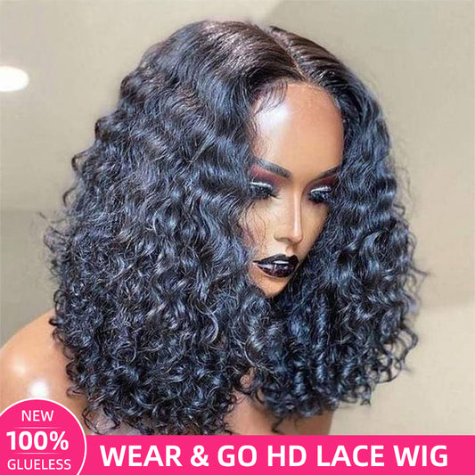 Wear Go Glueless Water Wave HD Lace Closure Bob Wigs Human Hair Pre Plucked New