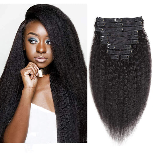 Kinky Straight Clip Human Hair Extensions Full Head Black Women Brazilian New