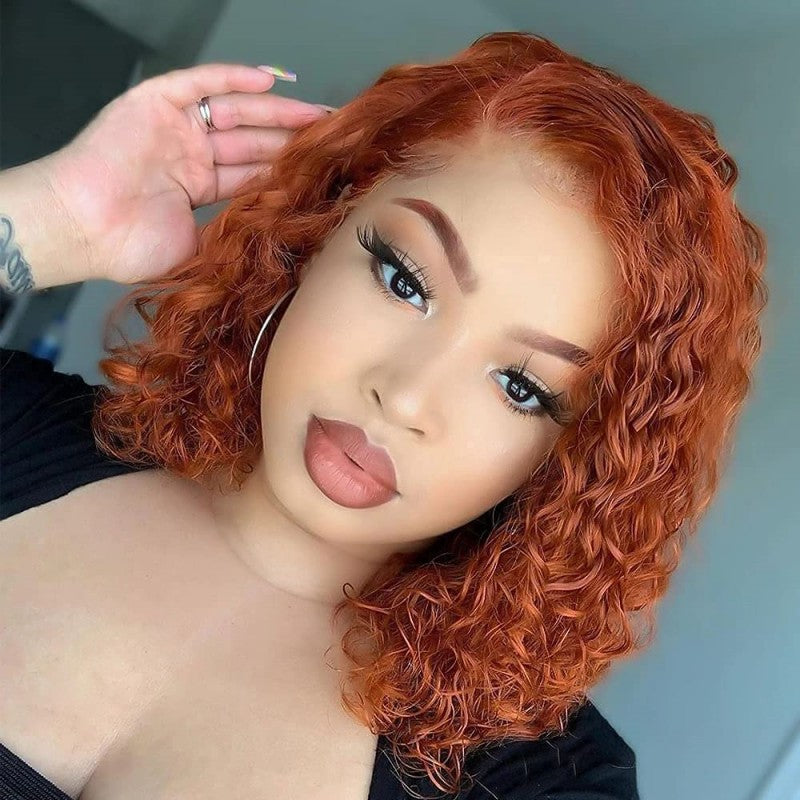 Ginger Orange Curly Front Human Hair Wigs Women Short Bob Transparent Lace 13x4