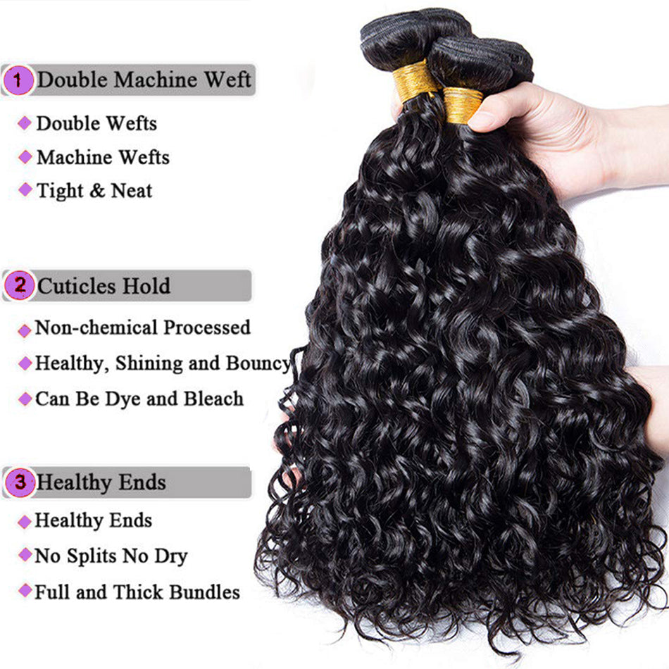 Malaysian Water Wave Bundles Closure Wet Curly Human Frontal Remy Hair Extension