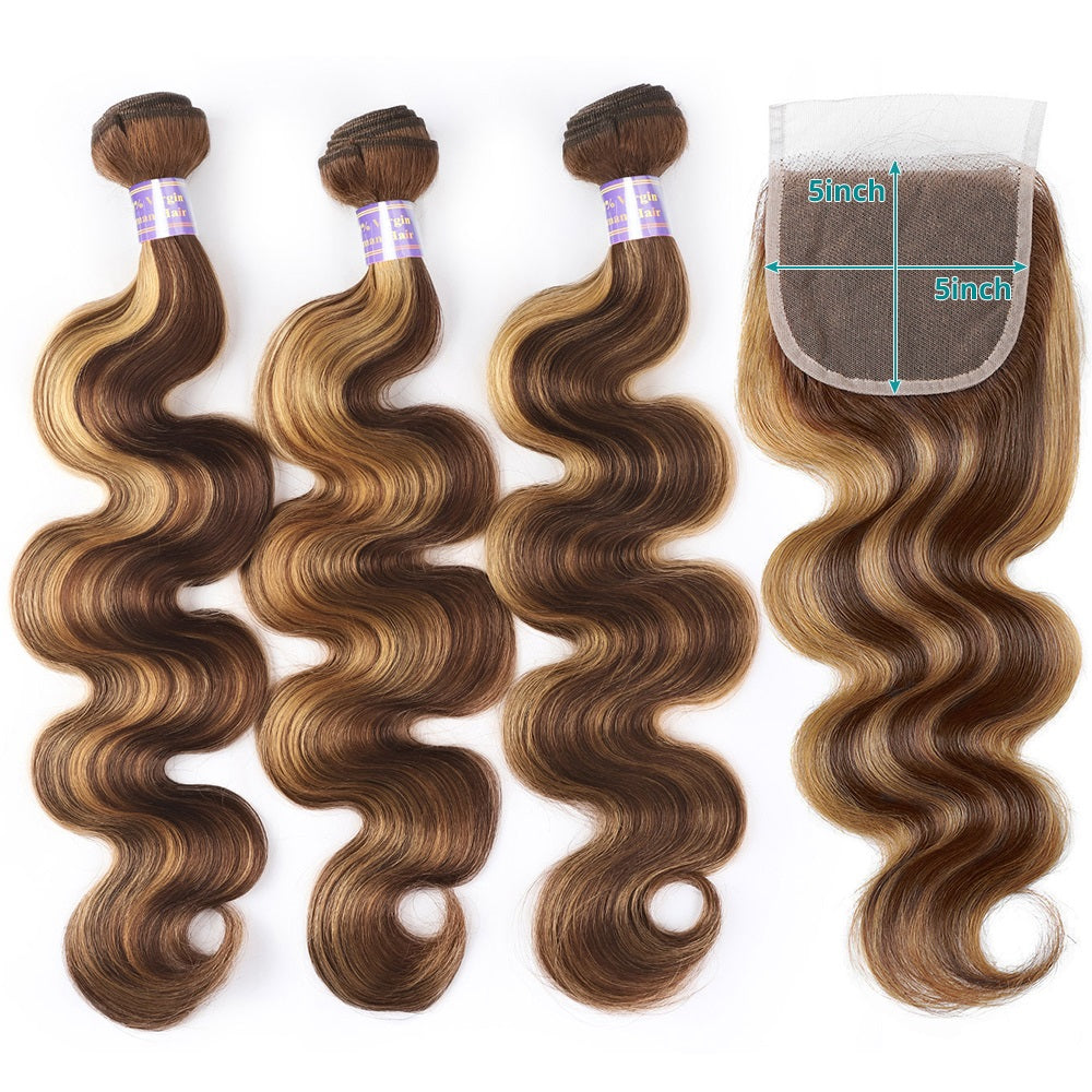 5x5 Closure Bundles Highlight Bundles Transparent P4/27 Ombre Honey Body Wave