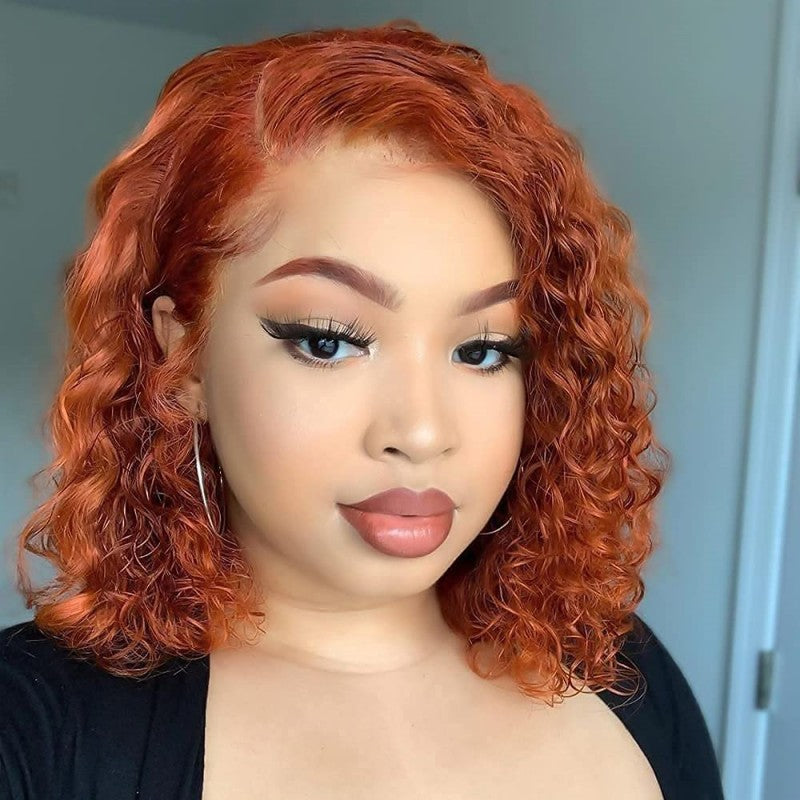 Ginger Orange Curly Front Human Hair Wigs Women Short Bob Transparent Lace 13x4