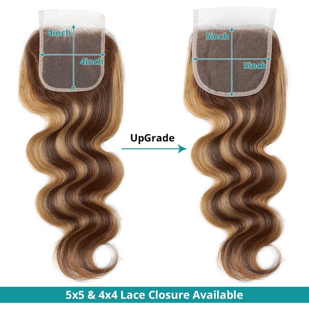 5x5 Closure Bundles Highlight Bundles Transparent P4/27 Ombre Honey Body Wave