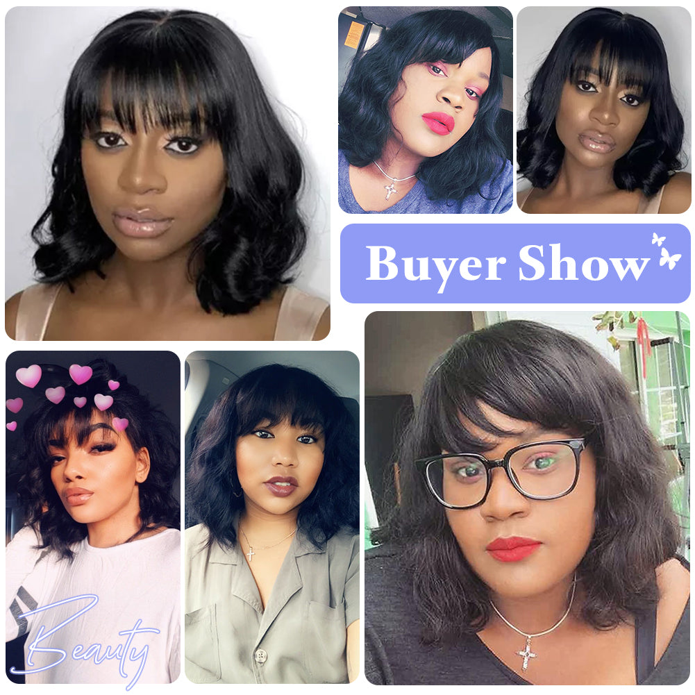 Brazilian Human Hair Wigs Body Wave Bangs Natural Black Lovely Hairstyle New