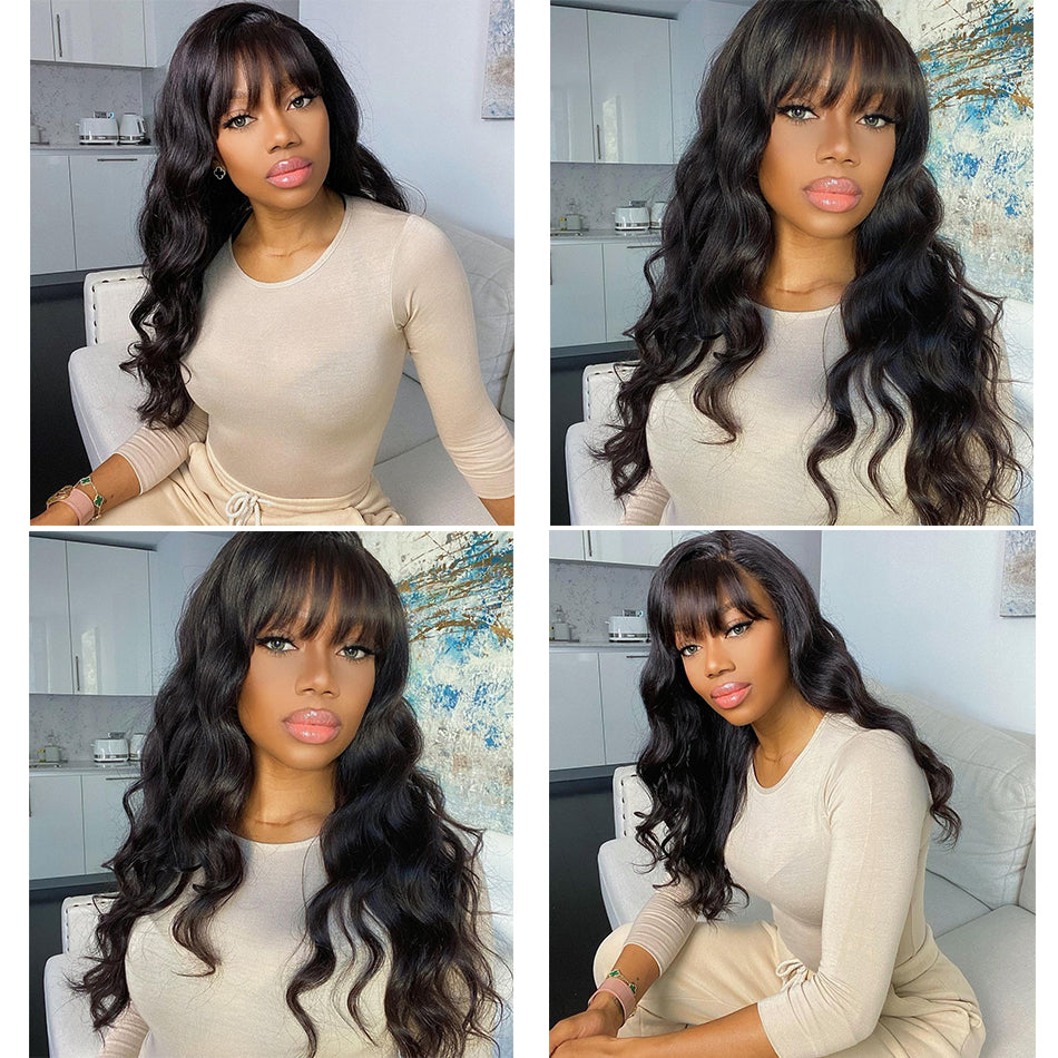 Brazilian Human Hair Wigs Body Wave Bangs Natural Black Lovely Hairstyle New