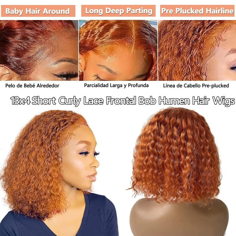 Ginger Orange Curly Front Human Hair Wigs Women Short Bob Transparent Lace 13x4