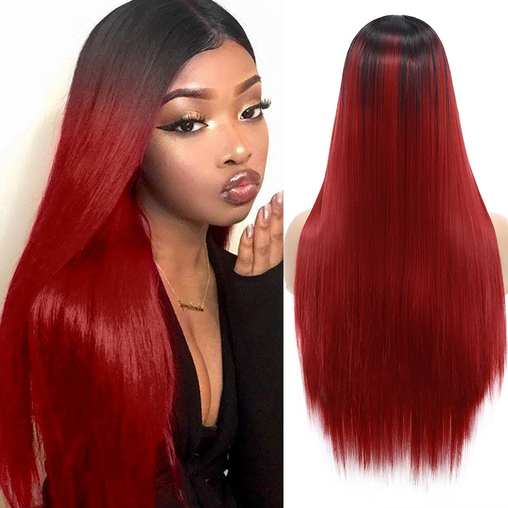 Long Straight Wig Middle Part Lace High Light Synthetic Hair Black Women Cosplay
