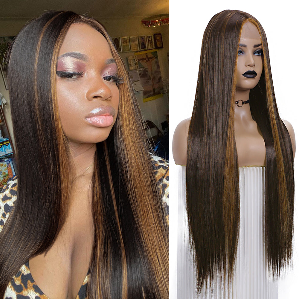 Long Straight Wig Middle Part Lace High Light Synthetic Hair Black Women Cosplay